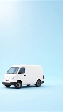 White cartoon delivery van driving against clean blue background, representing cheerful cargo transport service
