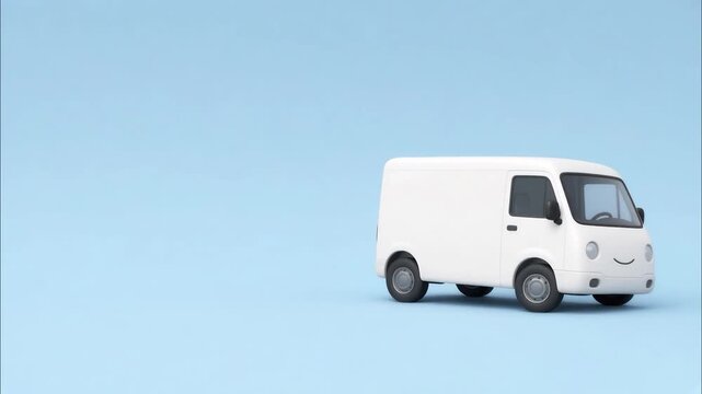 Animated miniature van character merrily smiling and moving its head against a plain light blue studio background