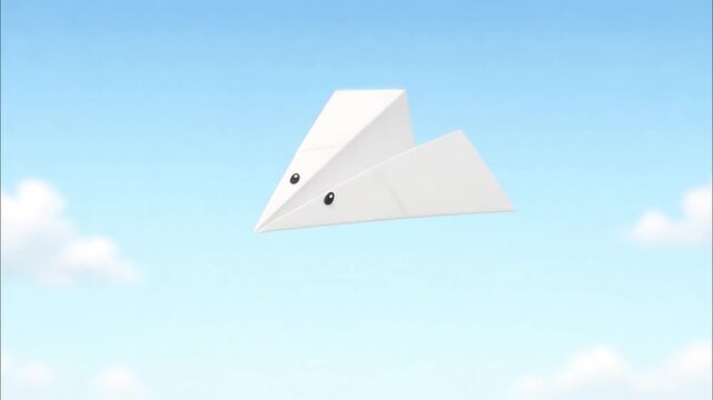 Cute animated paper airplane character gliding across the bright blue sky with fluffy white clouds in clear weather