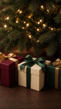 Elegant christmas gift boxes sitting under an illuminated pine tree with glowing festive lights in a cozy room