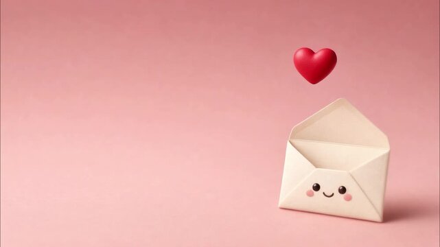 Tiny red heart floating upwards from cute animated love letter envelope against soft pink paper surface background