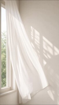 White sheer curtain blowing in wind near sunny window inside bright minimalist room with soft morning shadow on wall