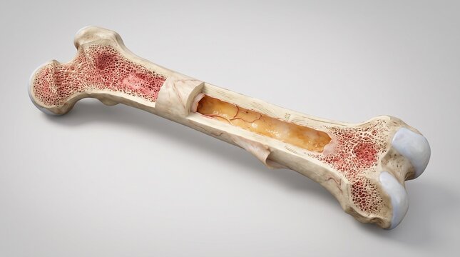 A detailed anatomical cross section of a human femur bone, revealing the compact cortical bone, spongy trabecular bone, and yellow bone marrow inside the medullary cavity on white background.