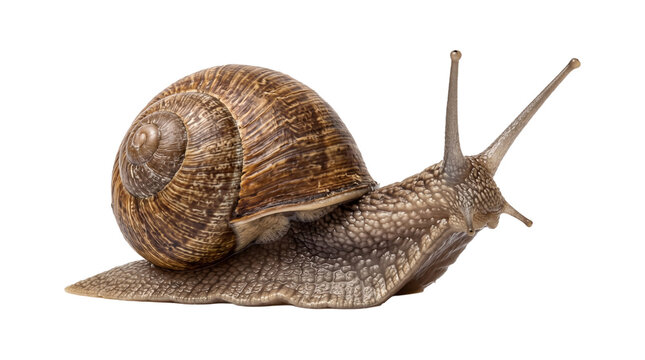 Brown garden snail with coiled shell isolated on transparent background png for animal photography.