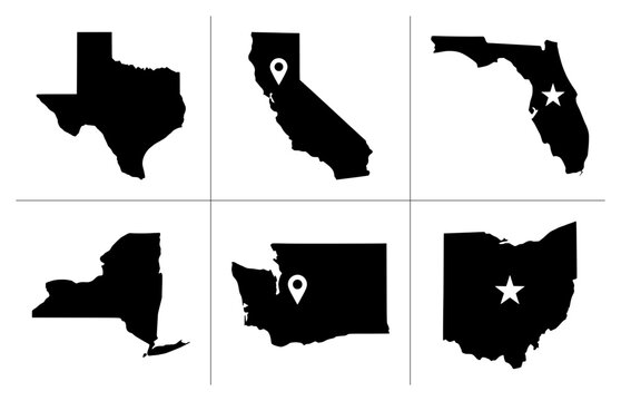 US state silhouettes set with Texas, California, Florida, New York, Washington, Ohio for travel and geography