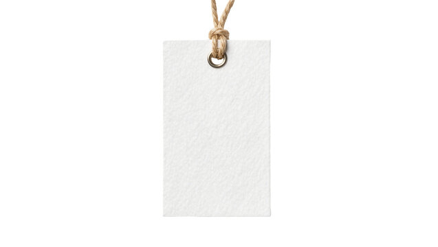 Blank textured white paper tag with metal eyelet and twine, isolated on transparent background
