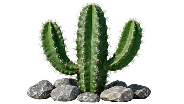 Green cactus with sharp spines and grey stones, isolated on transparent background
