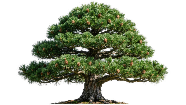 Mature pine tree with green needles and small cones, isolated on transparent background