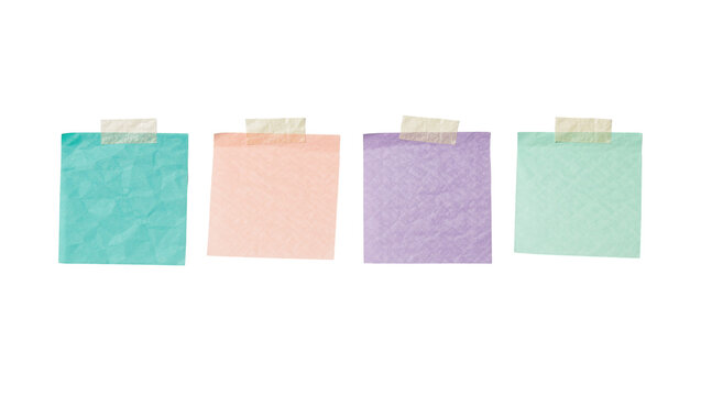 Four crumpled pastel sticky notes attached with tape, isolated on transparent background