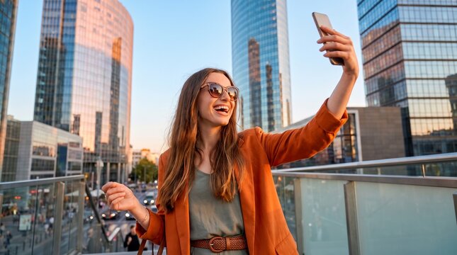 A young woman with sunglasses takes a selfie in front of modern skyscrapers. She is smiling and holding a smartphone in her outstretched hand