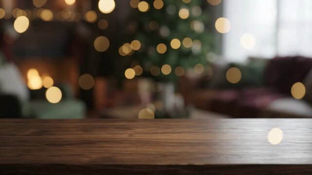Static shot of a cozy, festive living room interior featuring a wooden table in the foreground.