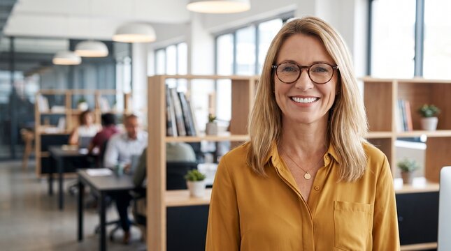 Portrait of a confident businesswoman smiling in a modern office setting. She is wearing glasses and a mustard-colored shirt, with colleagues working in the blurred background