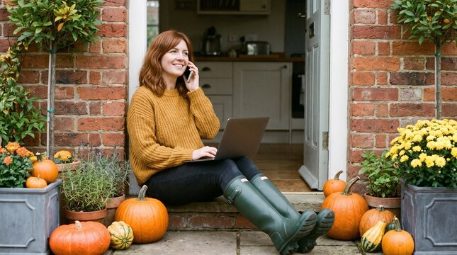 A woman sitting on steps outside her home, surrounded by pumpkins and autumnal decorations, working on her laptop and talking on her phone