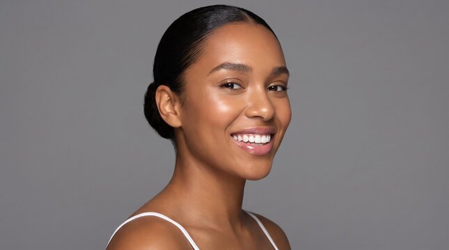 A beautiful young woman with flawless skin and a warm smile. Her hair is styled in an elegant updo, and she is wearing a simple white strap top