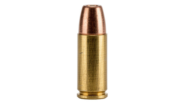 Single brass bullet with copper tip, isolated on transparent background