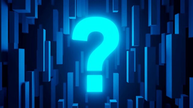 Glowing question mark animates in a dark blue 3D geometric environment. Business presentation intros, technology explainer, and educational content.