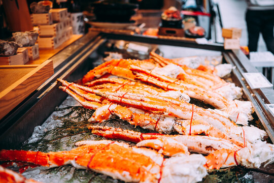 Pieces of crab on sale at the Tsukiji outer market in Tokyo, Japan.