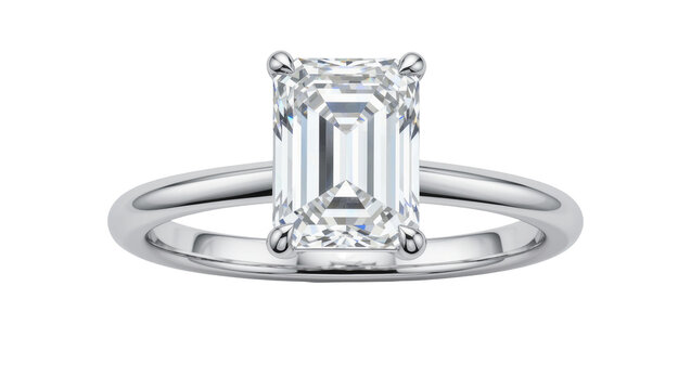 Emerald cut diamond engagement ring with platinum band, isolated on transparent background