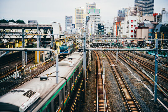 Railway trains in Tokyo, Japan.