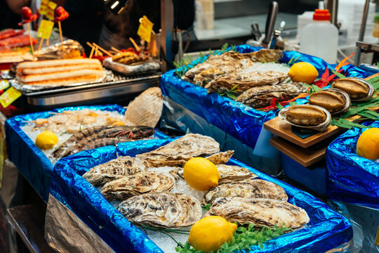 Different kinds of seafood on sale at the Kuromon Ichiba market in Osaka, Japan.