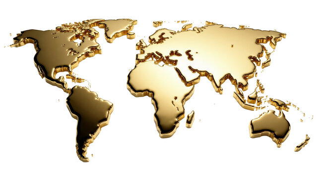 Shiny golden 3D world map with embossed continents, isolated on transparent background