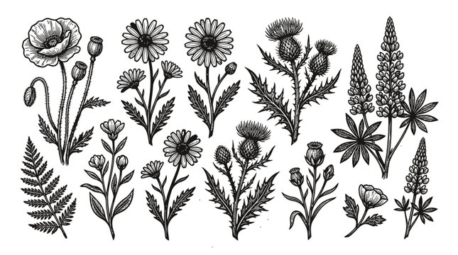 Set of hand drawn wild flowers and plants black and white ink sketch illustration for design and botanical decoration