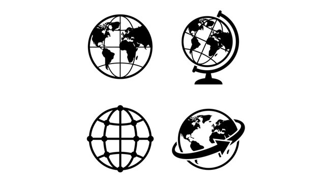 Set of four black globe icons representing world map and geography symbols for web design and business navigation