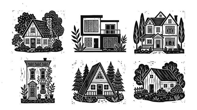 Set of hand drawn black and white house illustrations featuring various residential building styles and architecture