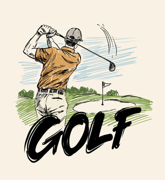 Sketch of a male golfer swinging club on the golf course, hand drawn vector illustrration with realistic pencil stroke texture