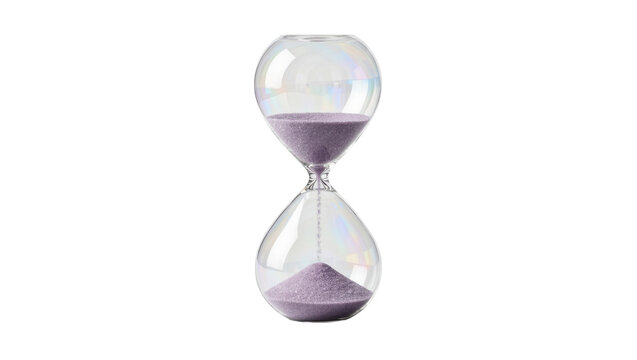 Iridescent glass hourglass with purple sand, isolated on transparent background