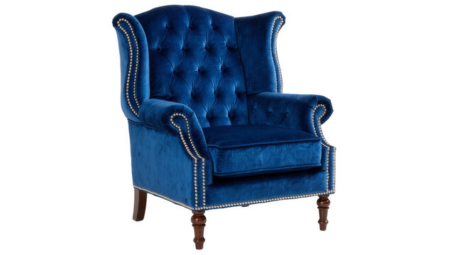Deep blue velvet wingback armchair with silver nailhead trim, isolated on transparent background