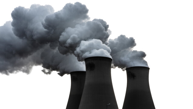 Three dark industrial cooling towers emitting thick grey smoke, isolated on transparent background