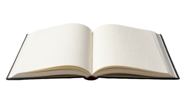 Open blank hardcover book with cream pages, isolated on transparent background