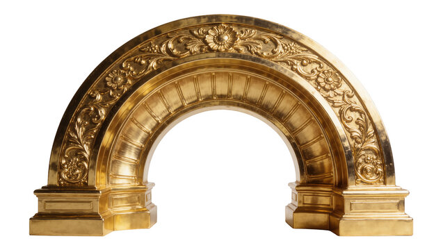 Ornate golden archway with floral carvings, isolated on transparent background