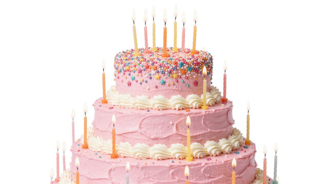 Three-tiered pink birthday cake with colorful sprinkles and lit candles, isolated on transparent background