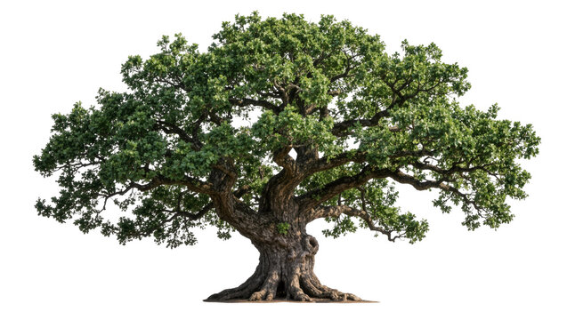 Majestic ancient oak tree with lush green foliage, isolated on transparent background