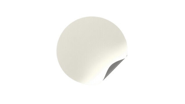 Blank off-white circular sticker with peeled corner, isolated on transparent background
