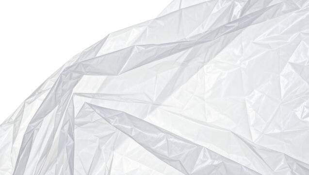 Crinkled translucent plastic sheet with sharp geometric folds, isolated on transparent background