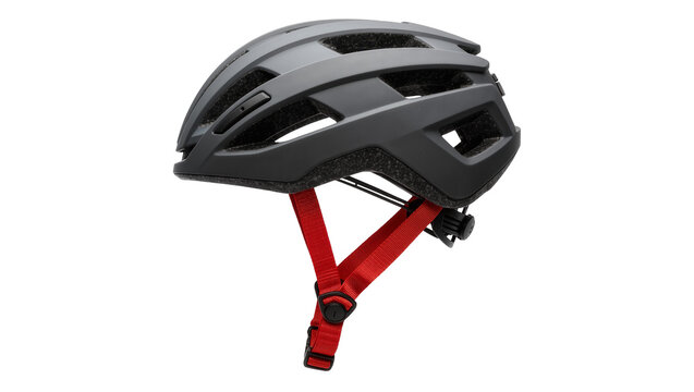Matte dark grey bicycle helmet with red straps, isolated on transparent background