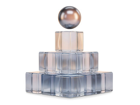 A 3D rendered pyramid structure composed of translucent glass cubes with a single polished metallic sphere floating above the center point isolated on a transparent background