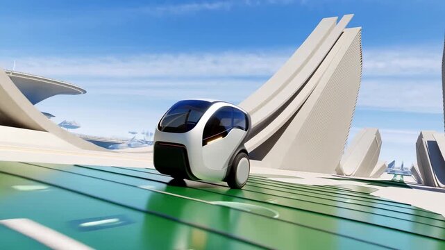 Autonomous vehicle travels across a futuristic urban plaza surrounded by sculptural architecture. Automotive technology advertising, future mobility presentations, and smart city planning.