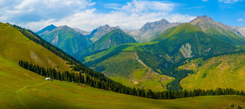 Panoramic Mountain Landscape with Yurts in Kyrgyzstan