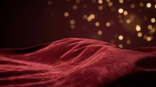 Close up static shot of luxurious red velvet fabric with shimmering gold bokeh lights glowing softly.