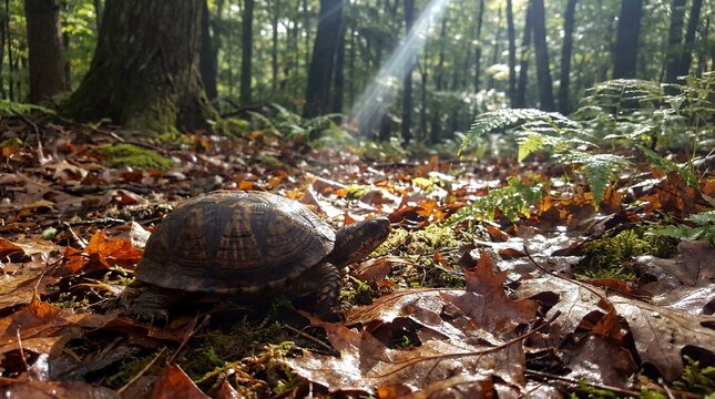 Small woodland turtle slowly walking across the damp forest floor covered with decaying autumn leaves under soft filtered sunbeams turtle forest floor leaves tree ground soil crawling