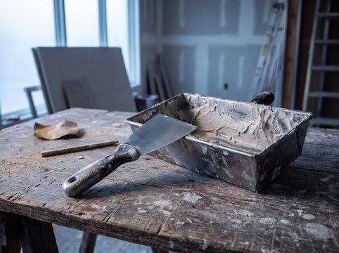 Professional Steel Putty Knife Resting on Workbench in Blue Dawn Light