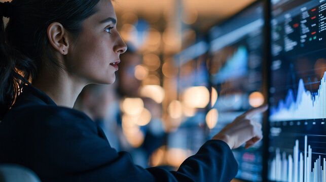 Business professional managing a large touchscreen