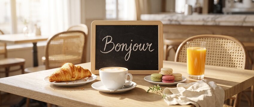 Ardoise &laquo; Bonjour &raquo; &eacute;crite &agrave; la craie avec croissant, cappuccino, macarons et jus d&rsquo;orange sur une table en bois dans un caf&eacute; parisien lumineux, petit d&eacute;jeuner fran&ccedil;ais