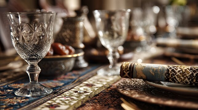 Ornate cut-glass goblet and rolled patterned textile on an elegantly arranged vintage table