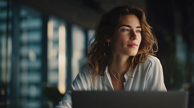 Small business owner pauses at her laptop in a modern office, gazing toward the window