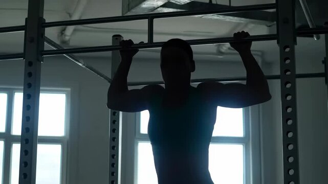 Person performing pull-up exercise on a bar in a backlit indoor gym. Fitness advertising, gym membership promotion, and personal training campaigns.